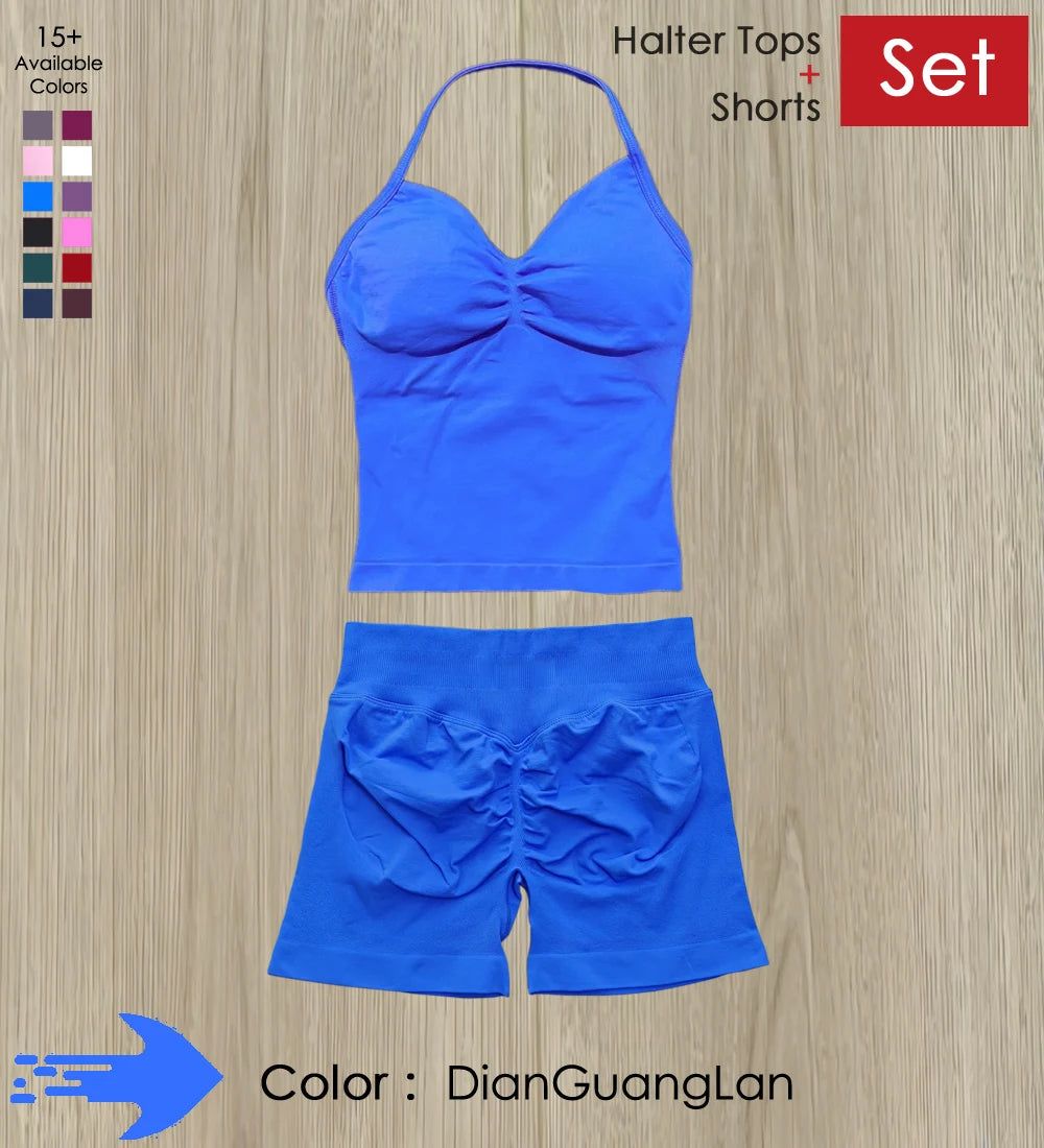 Yoga 2 Pieces Gym Set Women Backless Halter Tops High Waist Seamless Shorts Gym Suit Fitness Sports Bras Sportswear Workout Sets