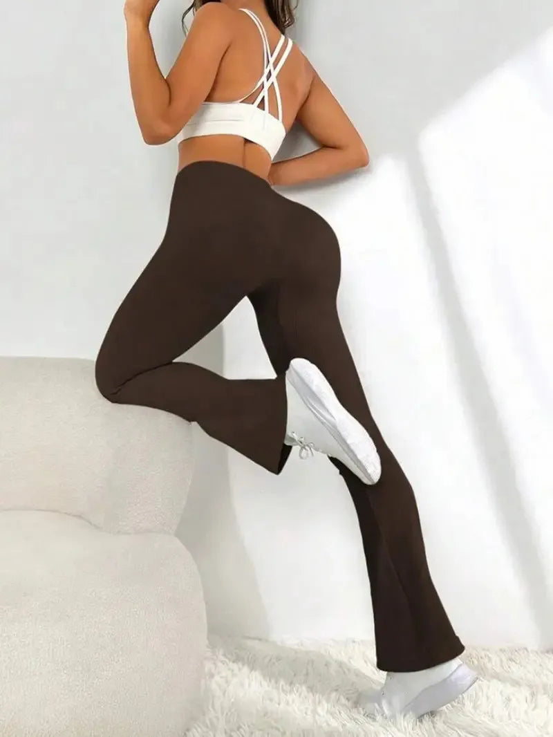Solid Color Threaded Stretch Yoga Pants Women's High Waisted Flared Yoga Pants Comfortable Fitness and Running Athletic Casual