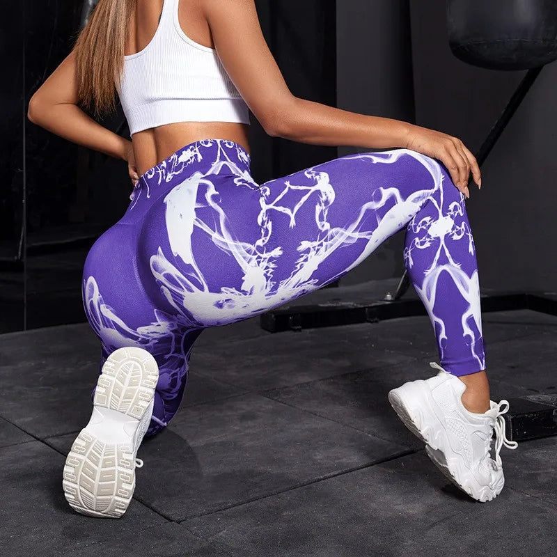 Naked yoga pants for women, no embarrassment line, high waist, hip lift, tie-dye yoga fitness nine-point pants