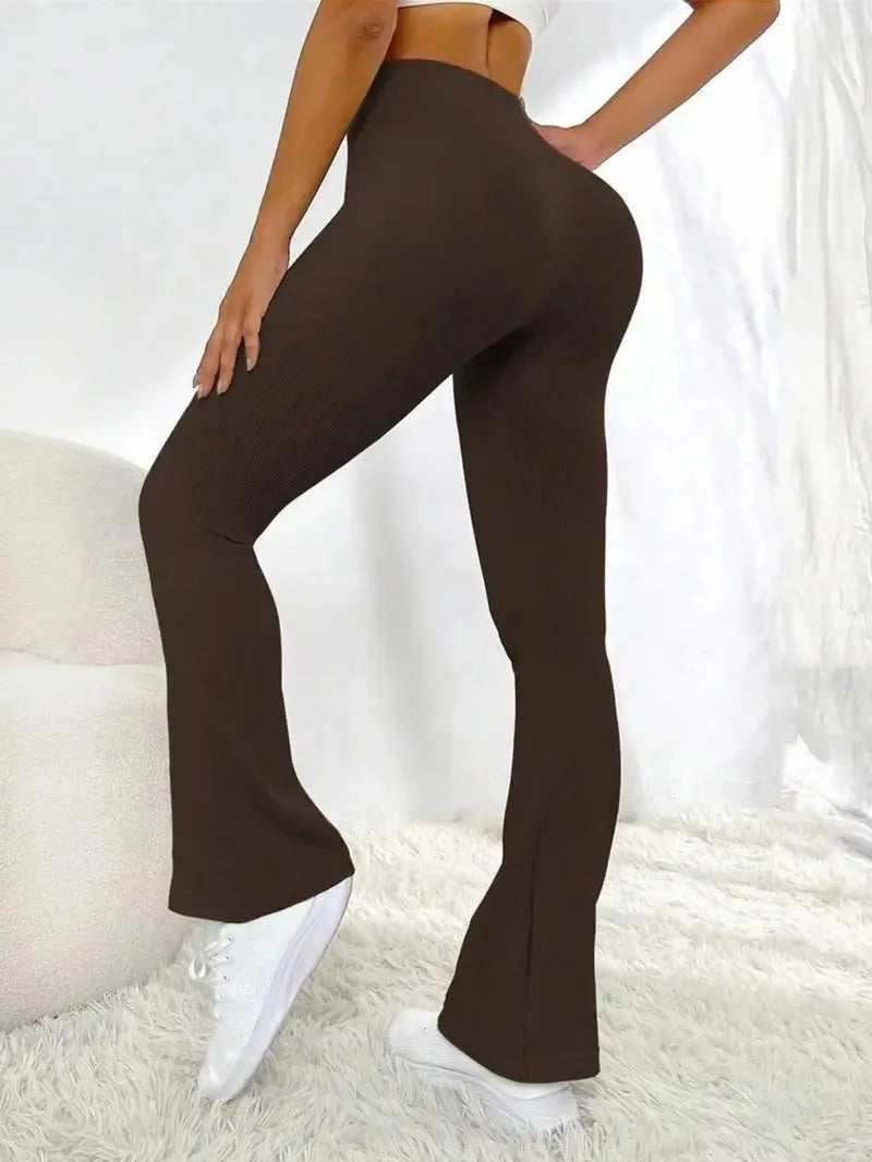 Solid Color Threaded Stretch Yoga Pants Women's High Waisted Flared Yoga Pants Comfortable Fitness and Running Athletic Casual