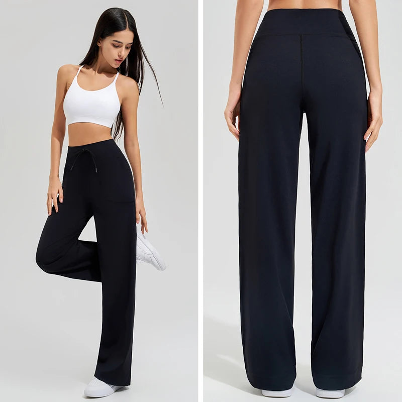 Women High Waist Yoga Pants Solid Color Loose Wide Leg Flared Trousers Breathable Quick Dry Gym Pants Female Workout Clothes