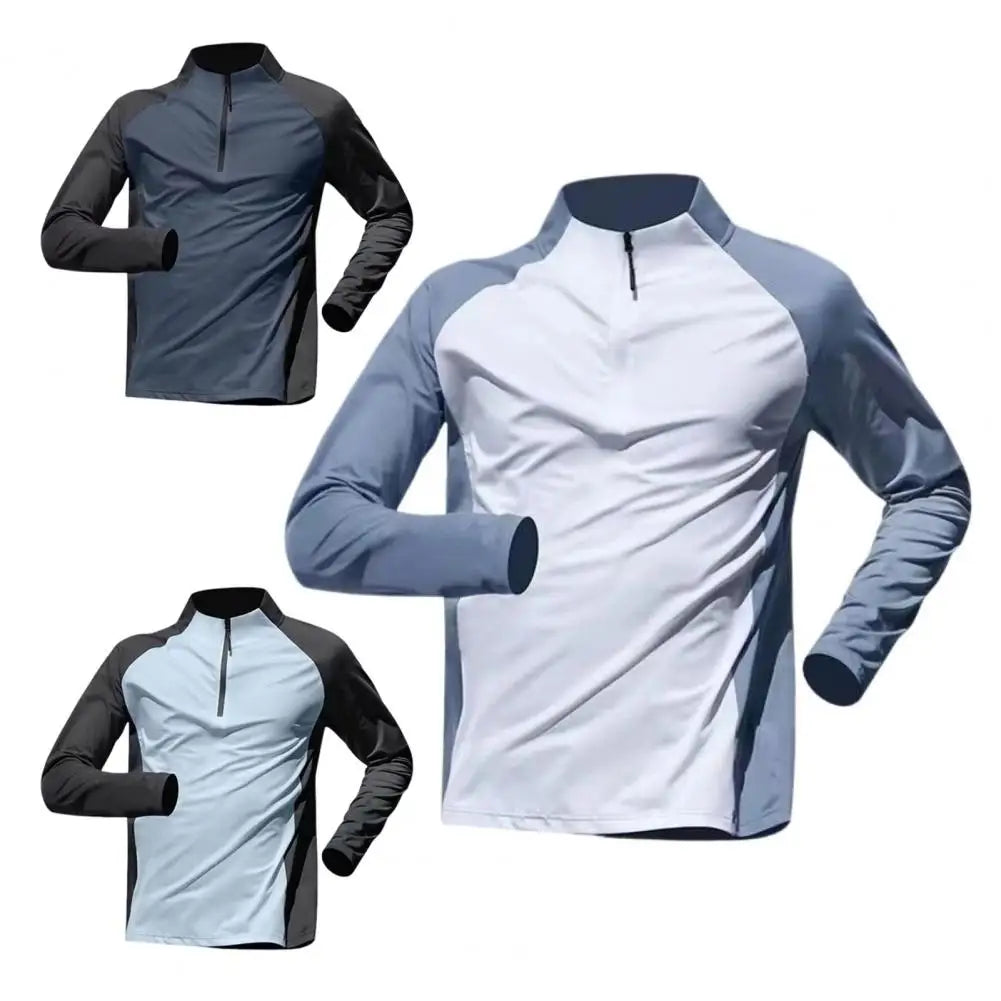 Men Sports T-shirt Half Zipper Collar Fitness Training T-shirts Gym Workout Compression Sweatshirt Running Football Sportswear