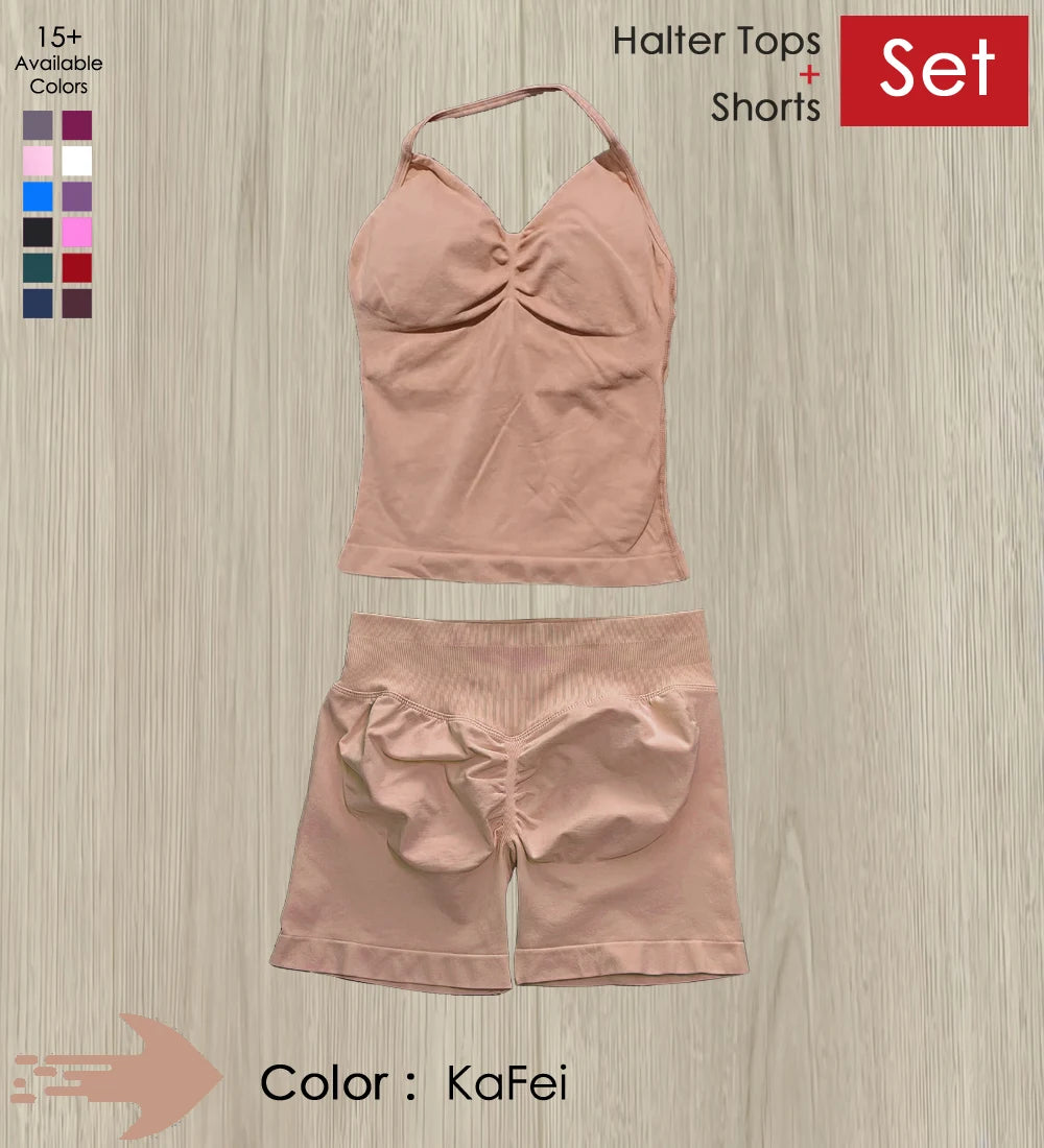 Yoga 2 Pieces Gym Set Women Backless Halter Tops High Waist Seamless Shorts Gym Suit Fitness Sports Bras Sportswear Workout Sets