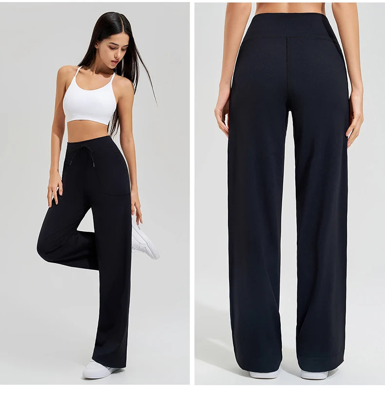 Women High Waist Yoga Pants Solid Color Loose Wide Leg Flared Trousers Breathable Quick Dry Gym Pants Female Workout Clothes