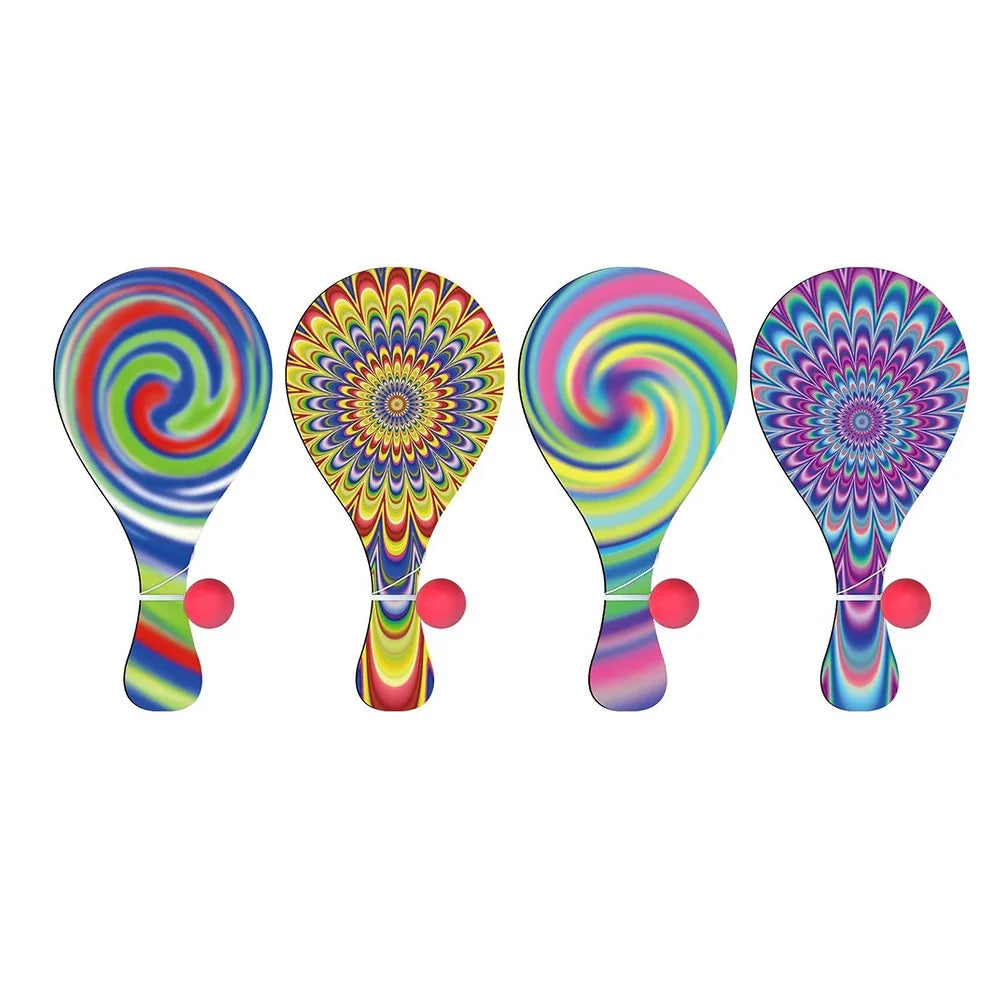 4Pcs Portable Kids Racket Ball Set Retro Wooden Paddles Paddle Ball Game Elastic String Psychedelic Wooden Paddles with Ball