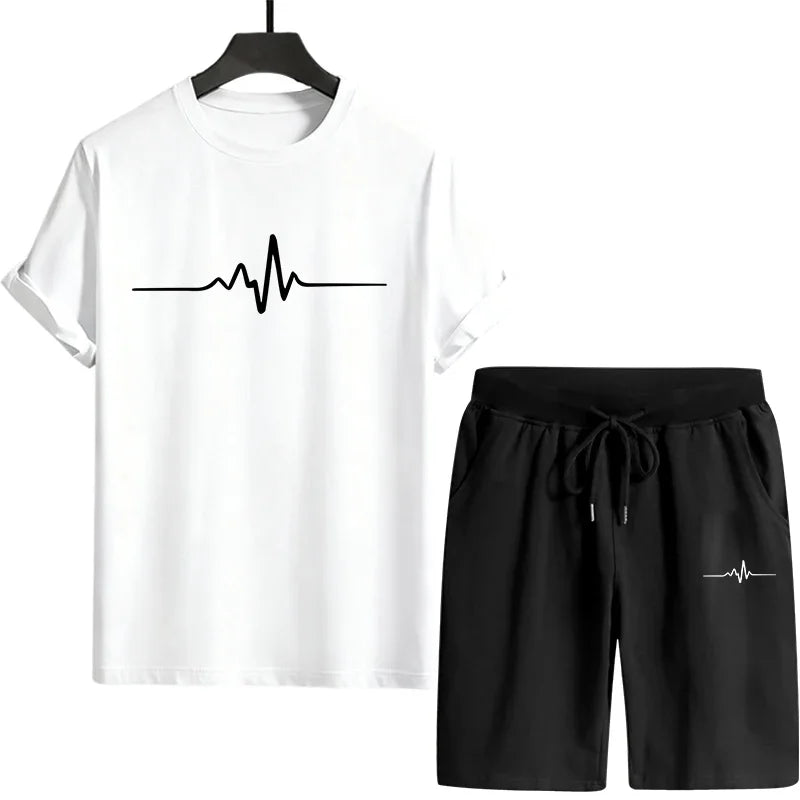 Men's T-shirt sports outfit with print, casual wear for outdoor gym, jogging, street clothing, summer T-shirt shorts