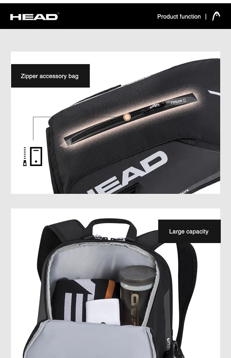 HEAD TOUR TEAM Series Original Tennis Backpack 1-2Pack Tennis Racket Bag Padel Beach Shoulder Racquet Bag With Shoes Space 25L