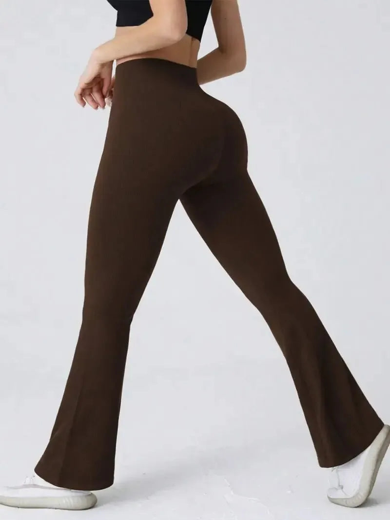 Solid Color Threaded Stretch Yoga Pants Women's High Waisted Flared Yoga Pants Comfortable Fitness and Running Athletic Casual