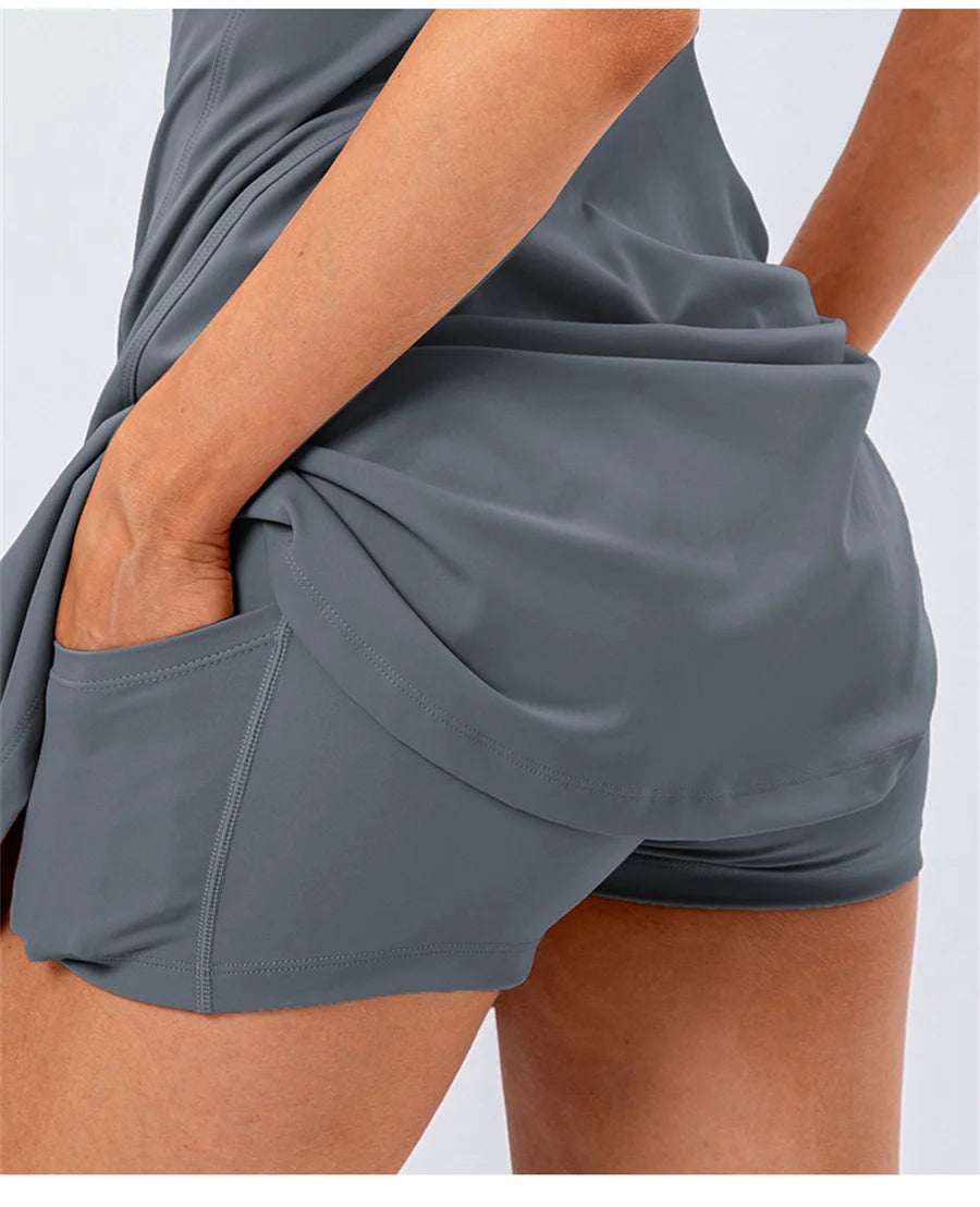 Tennis Dress Women With Separate Shorts Sleeveless Golf Sport Skirts Set with Pockets Training Running Fitness Female Badminton