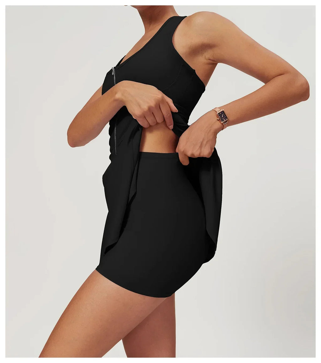 Women Tennis Dress with Short Zipper Anti emptied Stretchy Sports Skirt Wear for Fitness Gym Yoga Golf Badminton Clothing Set