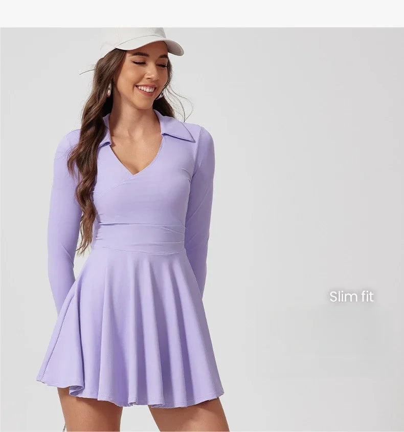 Tennis Dress One-Piece Jumpsuits Sports Fitness Golf Badminton Long-Sleeved Skorts Slim Tracksuits with Chest Pads Yoga Suits
