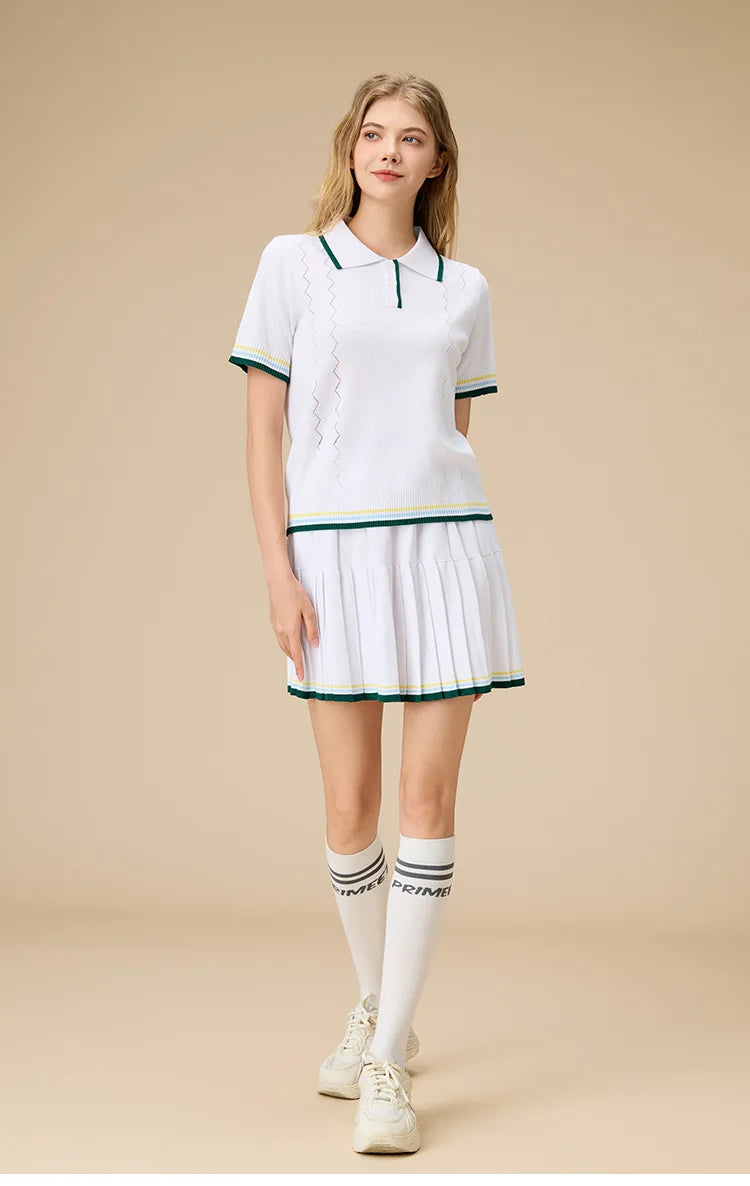 New 2pcs Tennis Clothing Set Women Knitted Polo Shirt Breathable Short Sleeve Golf Top Pleated Fitness Tennis Skort Sports Skirt
