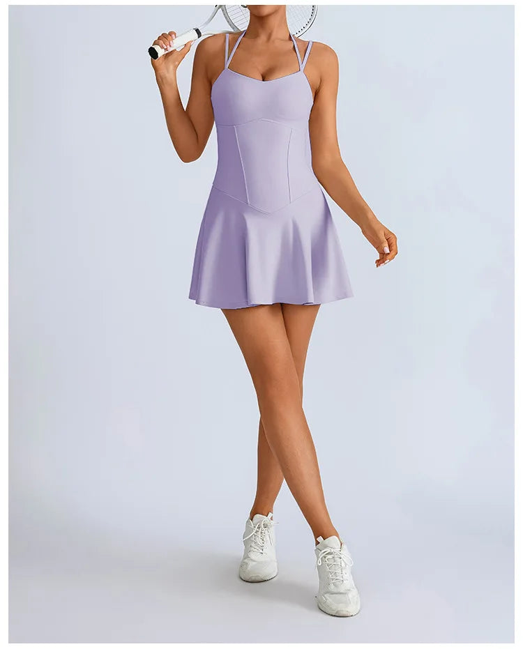 Tennis Dress with Shorts Underneath Pockets Strap Dress Sporting Tennis Outfit Women Gold Wear Sport Dresses Badminton Clothing