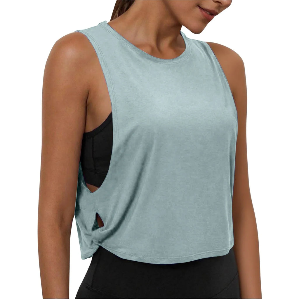 Women Sleeveless Yoga Tops Athletic Vest Breathable Blouse Cover Up Gym Workout Cool T-Shirt Running Short Tank Crop Top
