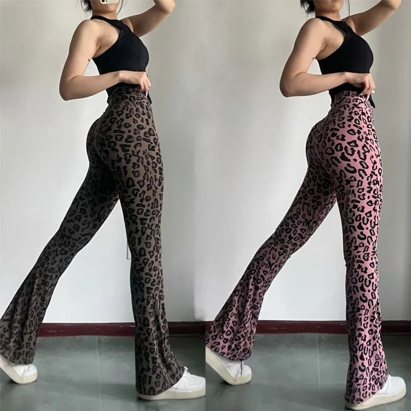 Leopard print yoga pants are breathable and make legs look longer. Slightly flared pants. High-waisted sports Pilates pants.