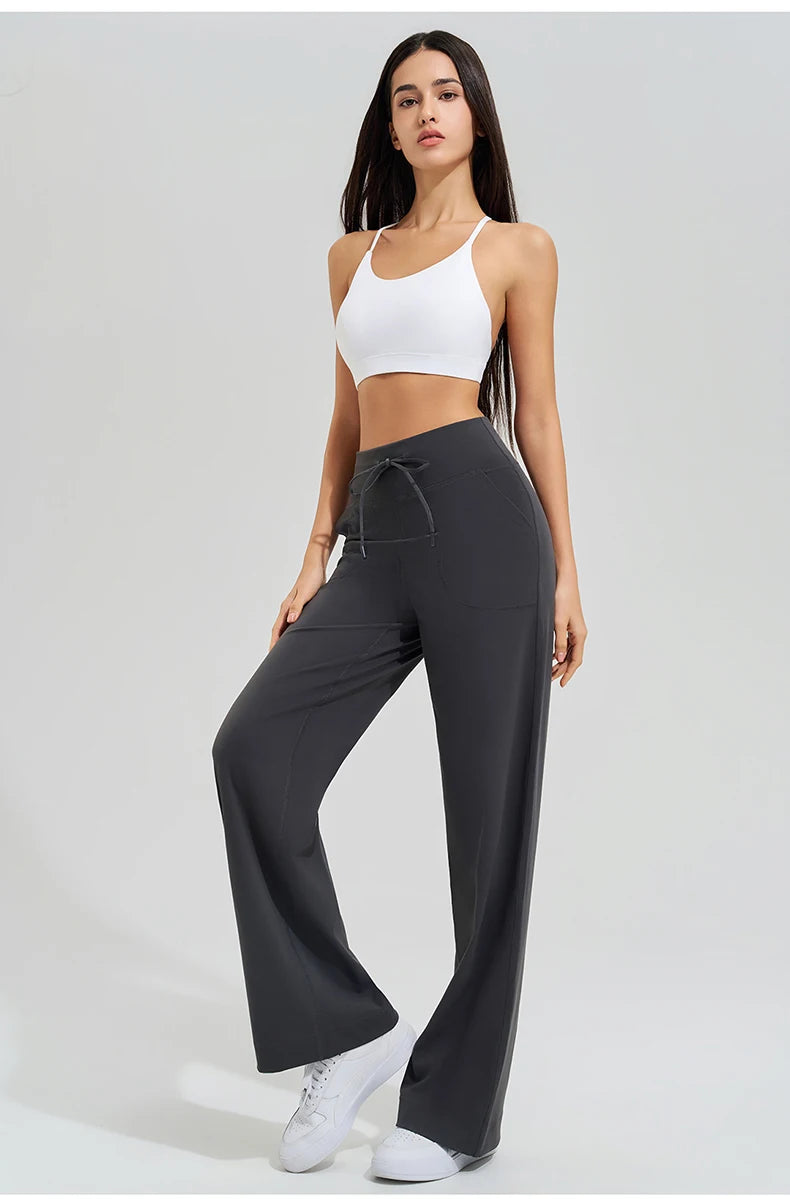 Women High Waist Yoga Pants Solid Color Loose Wide Leg Flared Trousers Breathable Quick Dry Gym Pants Female Workout Clothes