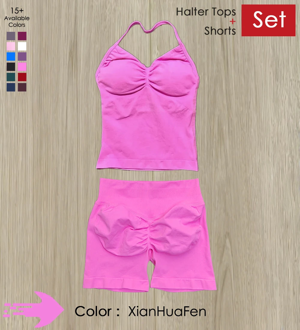 Yoga 2 Pieces Gym Set Women Backless Halter Tops High Waist Seamless Shorts Gym Suit Fitness Sports Bras Sportswear Workout Sets