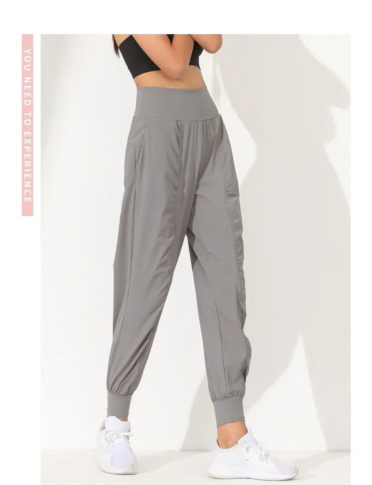 Yoga Pants Loose Slim Quick-Dry Yoga Pants Pleated Hem Bound Running Fitness Capris Pockets Jogging Pants Woman