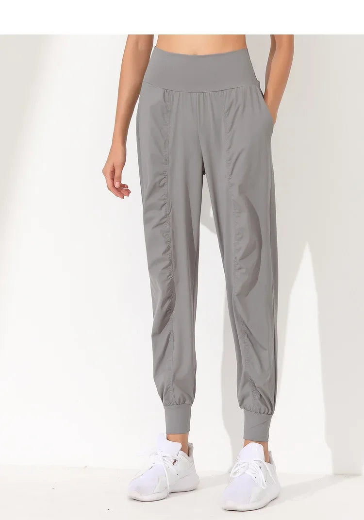 Yoga Pants Loose Slim Quick-Dry Yoga Pants Pleated Hem Bound Running Fitness Capris Pockets Jogging Pants Woman