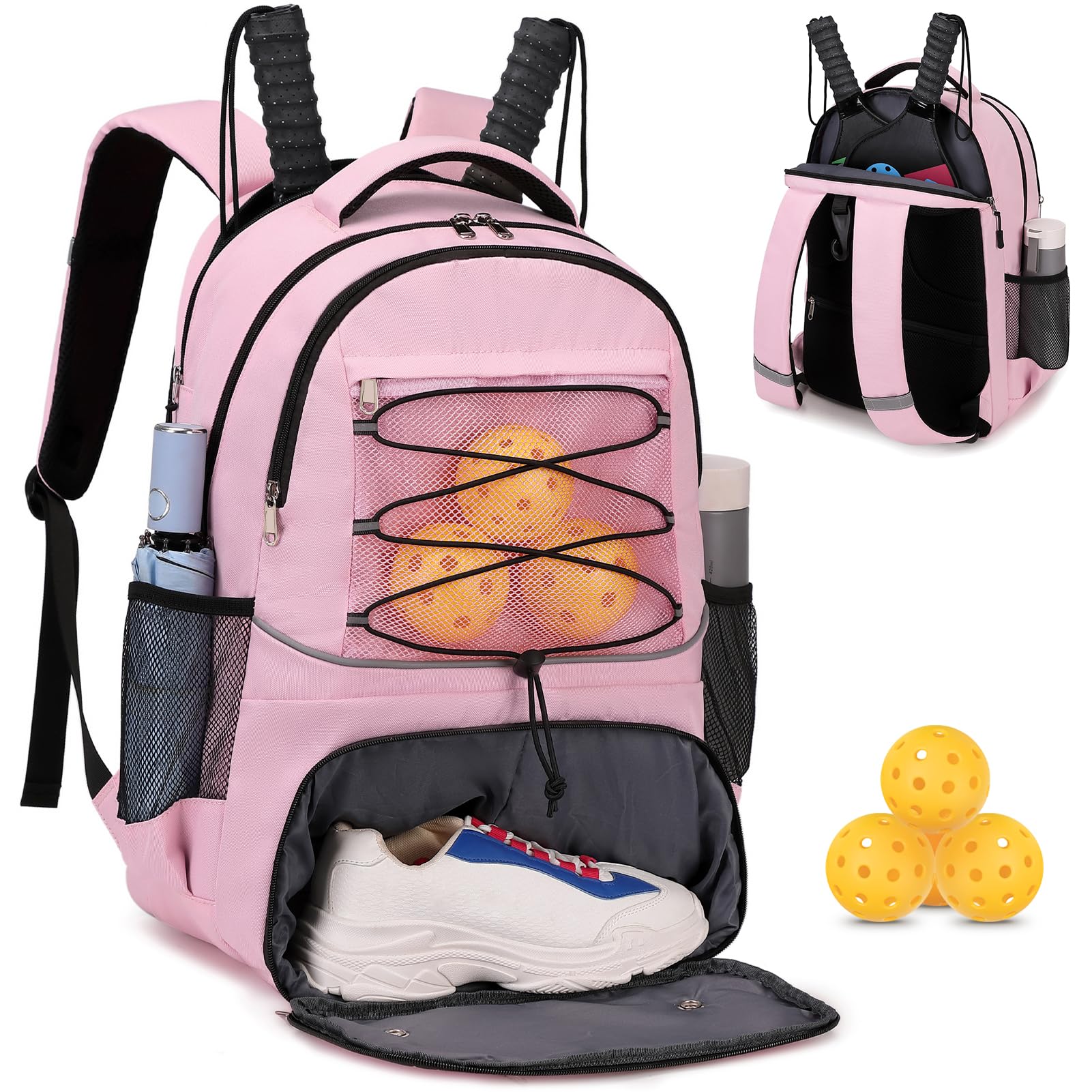 Bevalsa Pickleball Bag Backpack for Women Men Teens Tennis Backpack Tennis Bag with Shoe Compartment Multifunctional Sports Padel Racket Bag Badminton Backpack Fits 4 Rackets with Fence Hook (Pink)