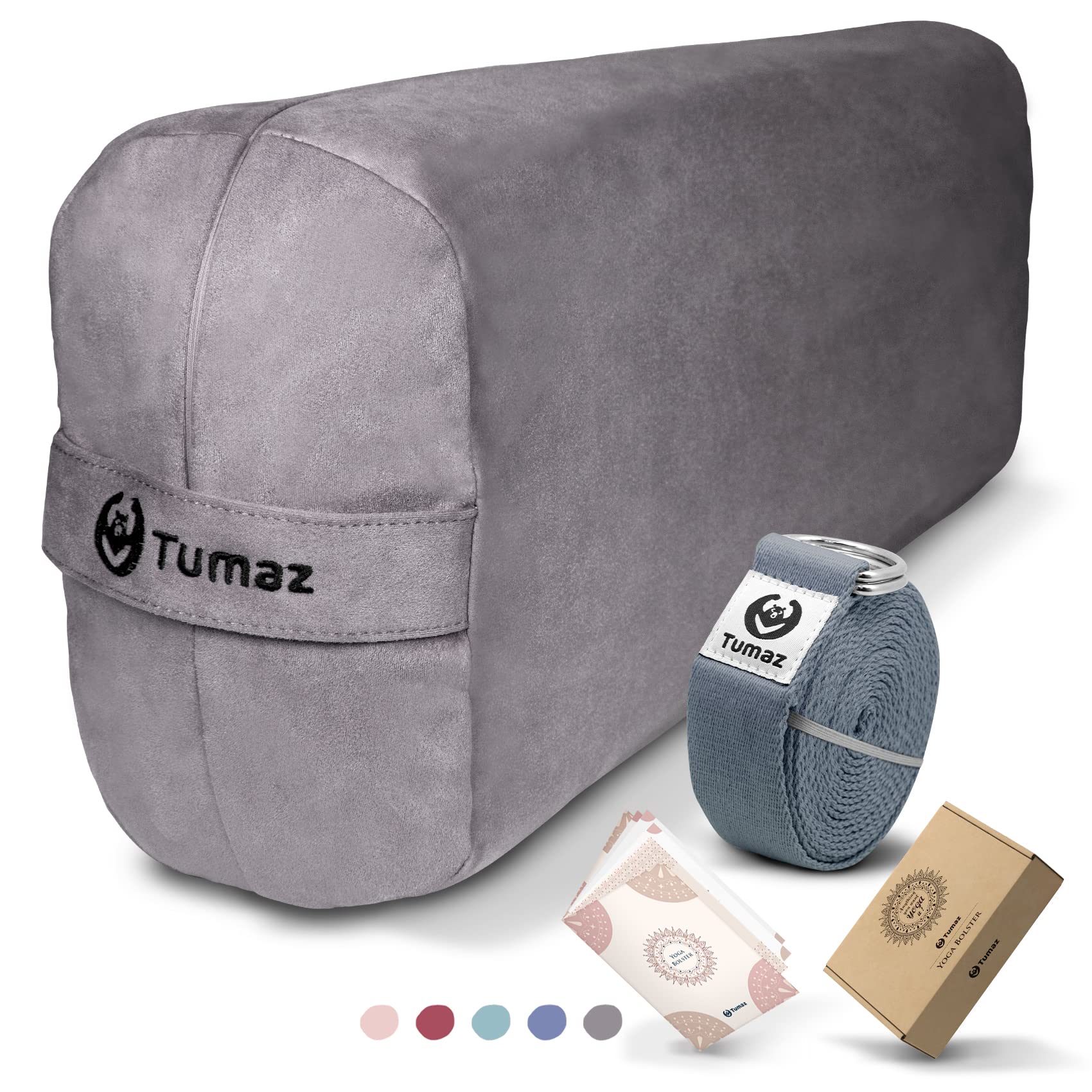 Tumaz Yoga Bolster Set - Rectangular Yoga Bolster Pillow for Restorative Yoga Soft Meditation Pillow with Carry Handle and 8-Feet Yoga Strap Machine Washable Cover