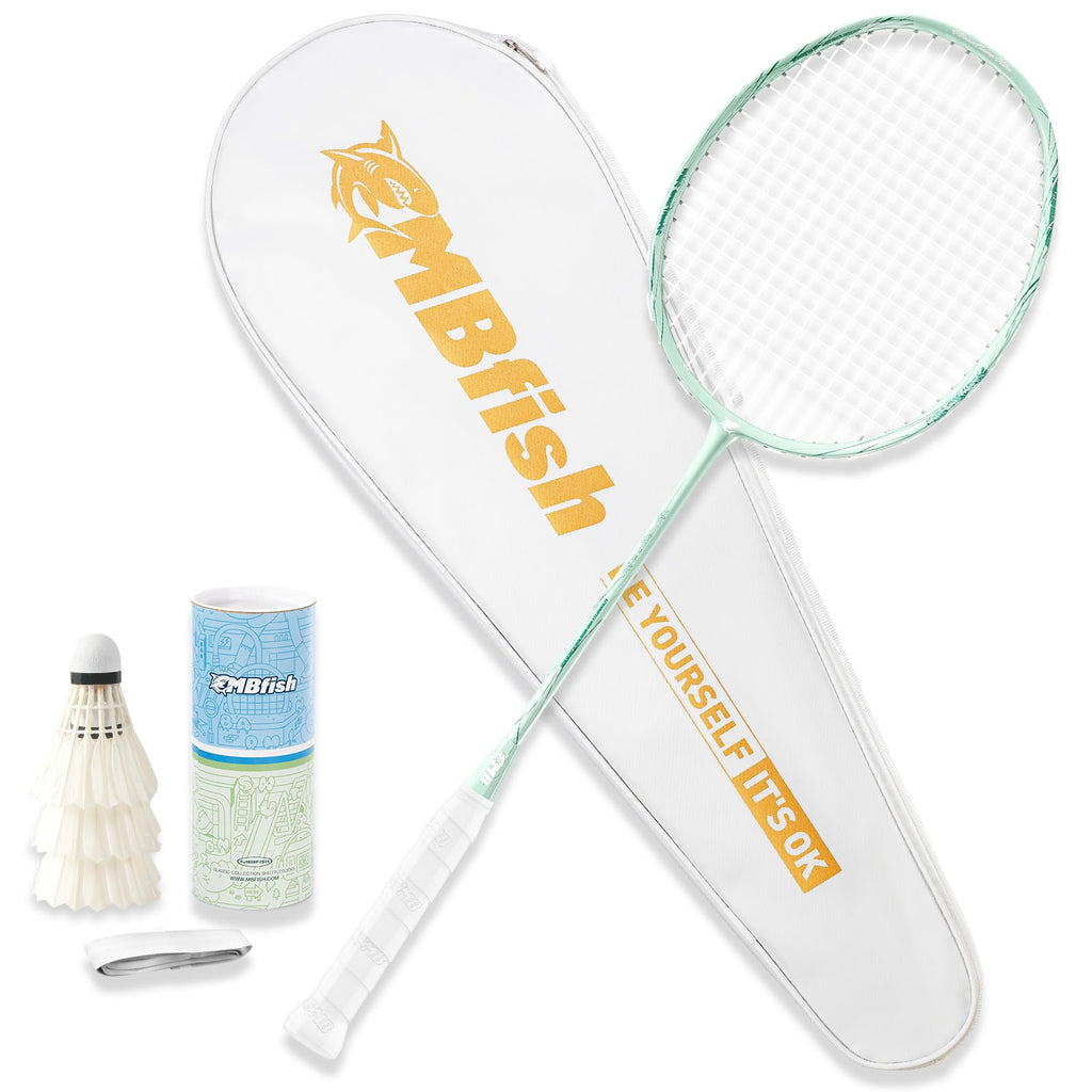 MBFISH Badminton Racket Set with 1 Carbon Fiber Racquet 5U 3 Shuttlecocks 2 Replacement Grip Tapes and 1 Badminton Bag - Perfect for Outdoor Games and Gym 5U Green 1P