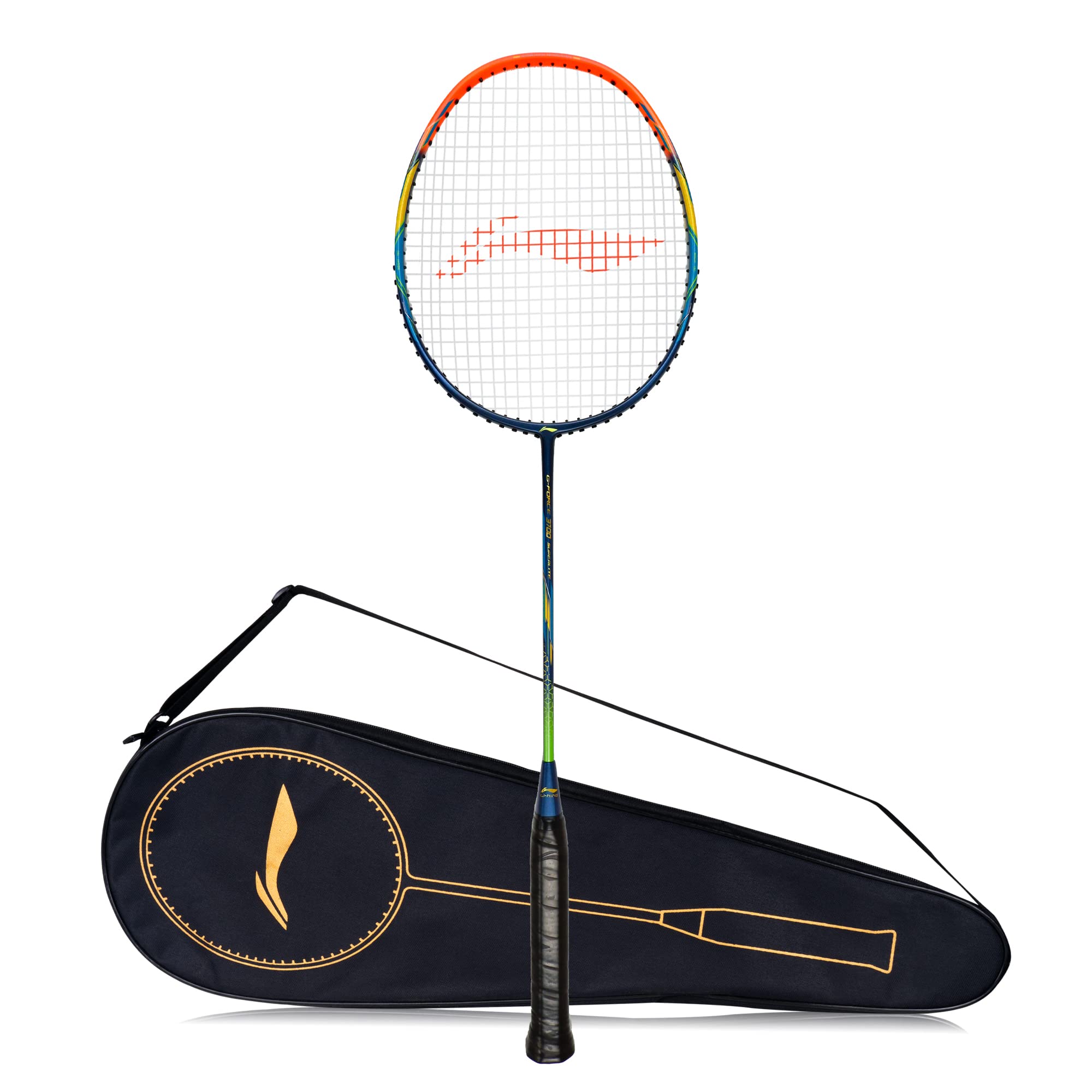 Li-Ning G - Force 3700 Superlite Carbon Fibre Strung Badminton Racket with Full Racket Cover (Navy/Orange) | for Intermediate Players | 78 Grams | Maximum String Tension - 32lbs