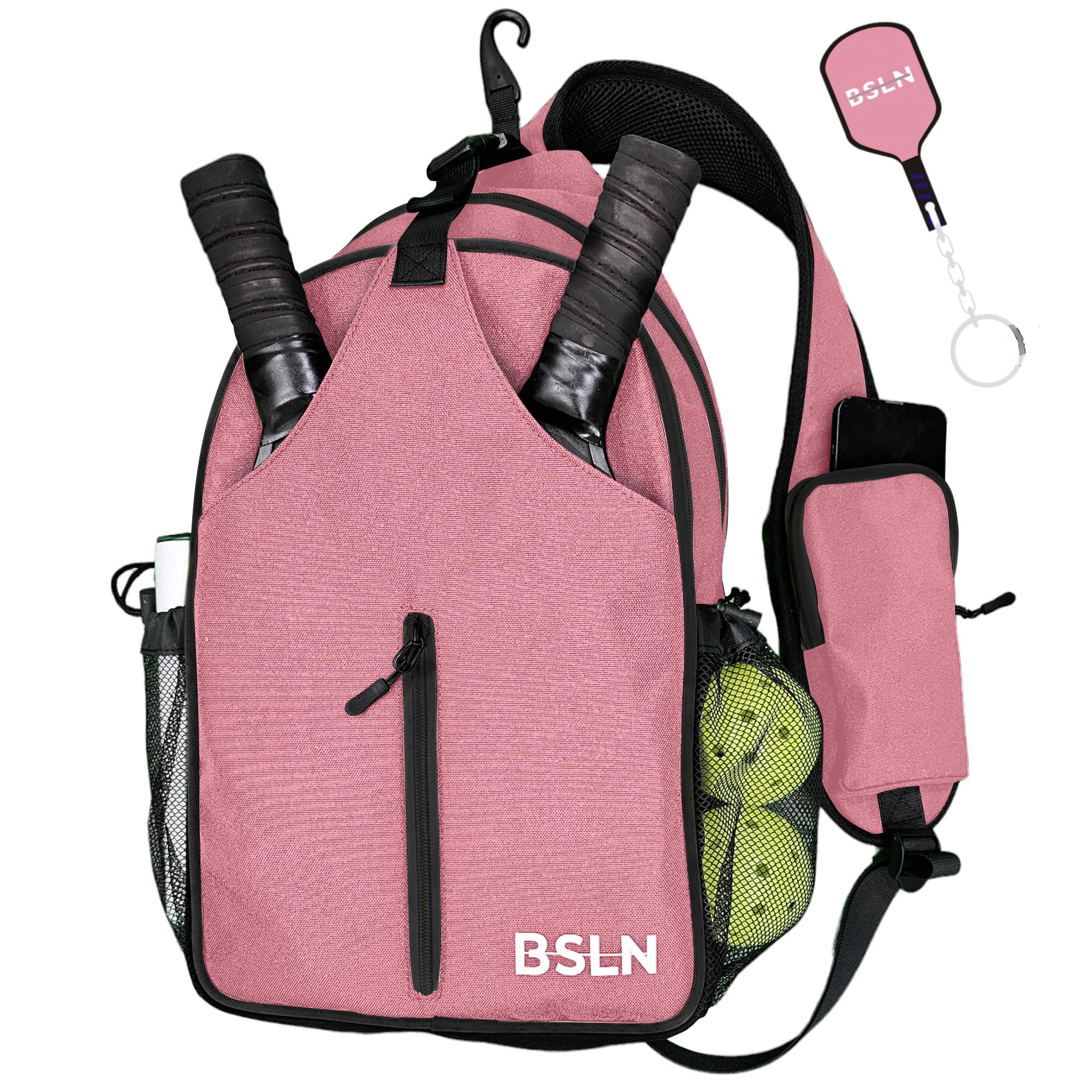 BSLN Pickleball Bag - Pickleball Bags for Women Men Crossbody Sports Backpack – Adjustable Sling Bag with Hanging Fence Hook(Pink)